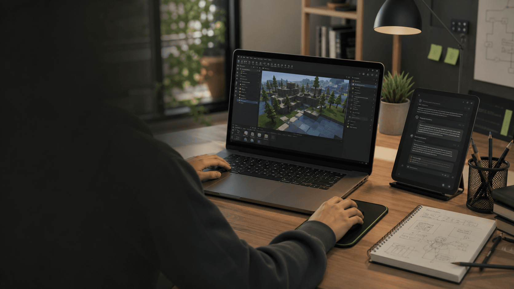 A beginner creator learning Roblox-style game development with an AI copilot beside a laptop