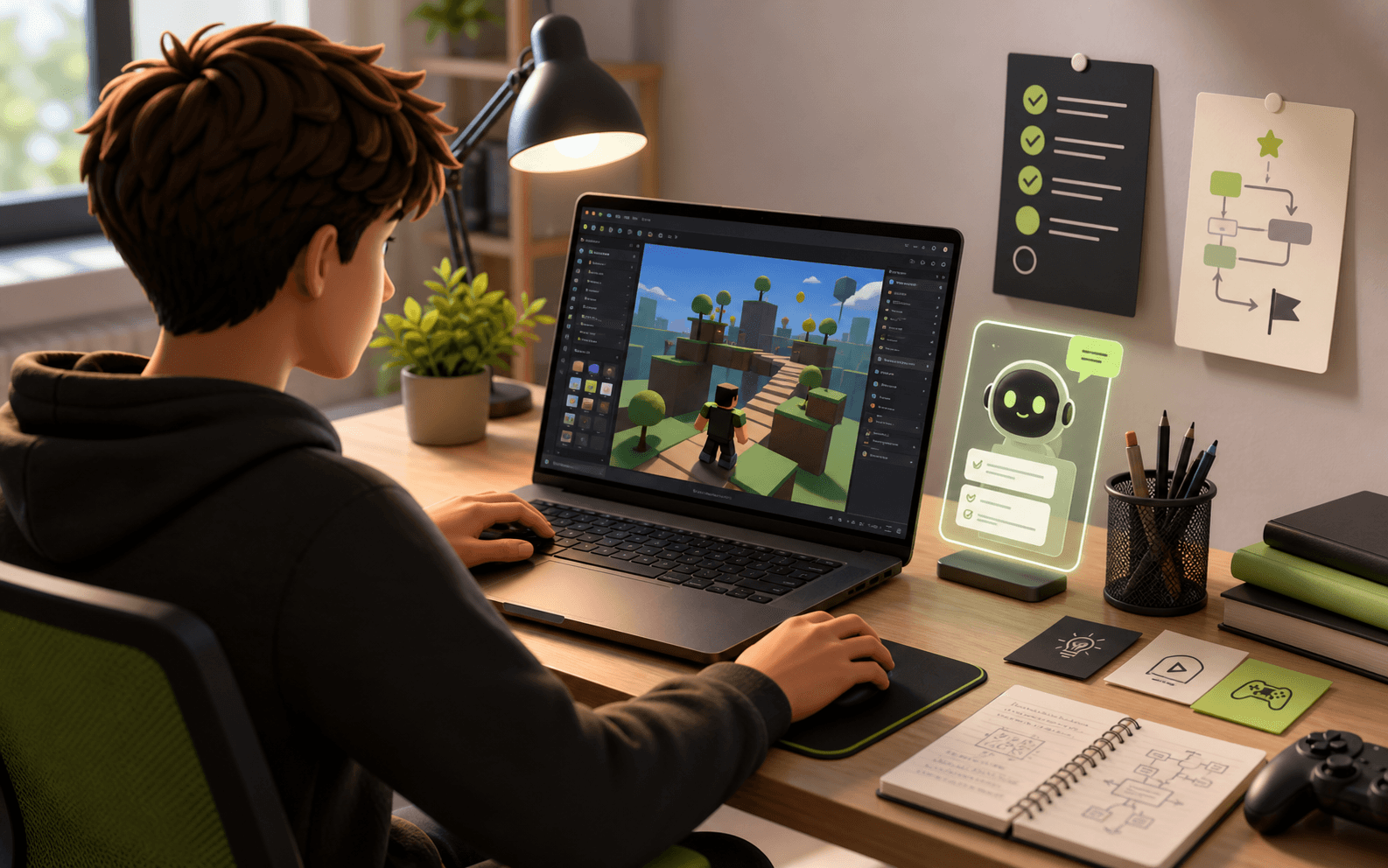 A beginner creator learning Roblox-style game development with an AI copilot beside a laptop